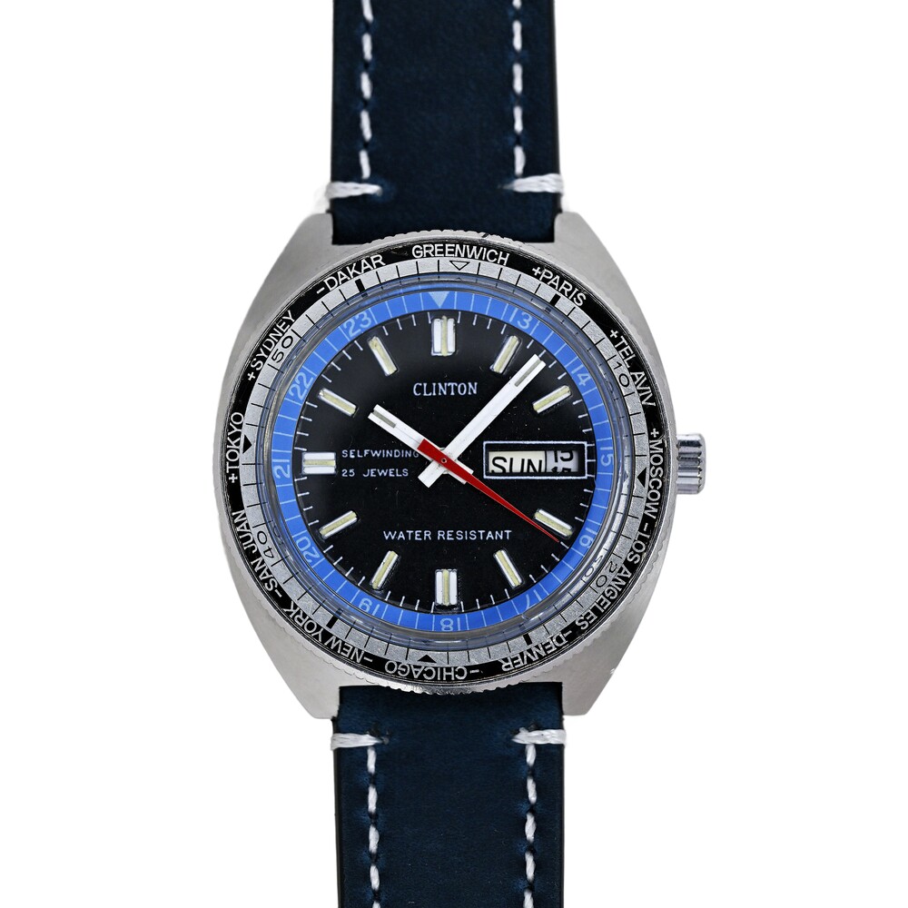 Clinton Vintage 40mm Automatic Men's 1960s World Time Bezel Watch Well Preserved